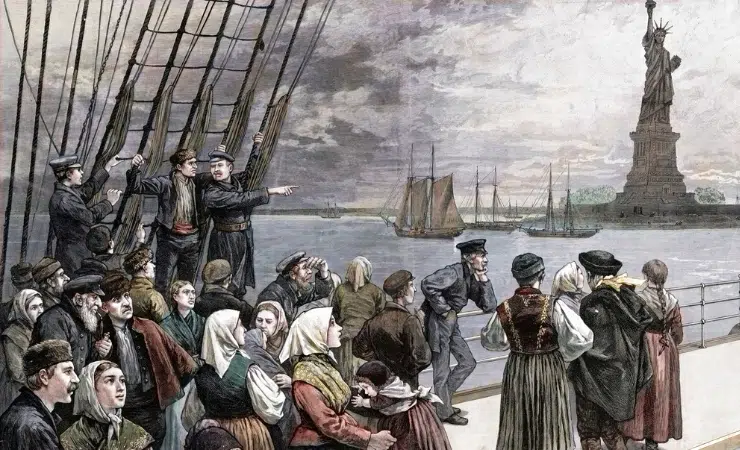 Statue of Liberty with immigrants arriving